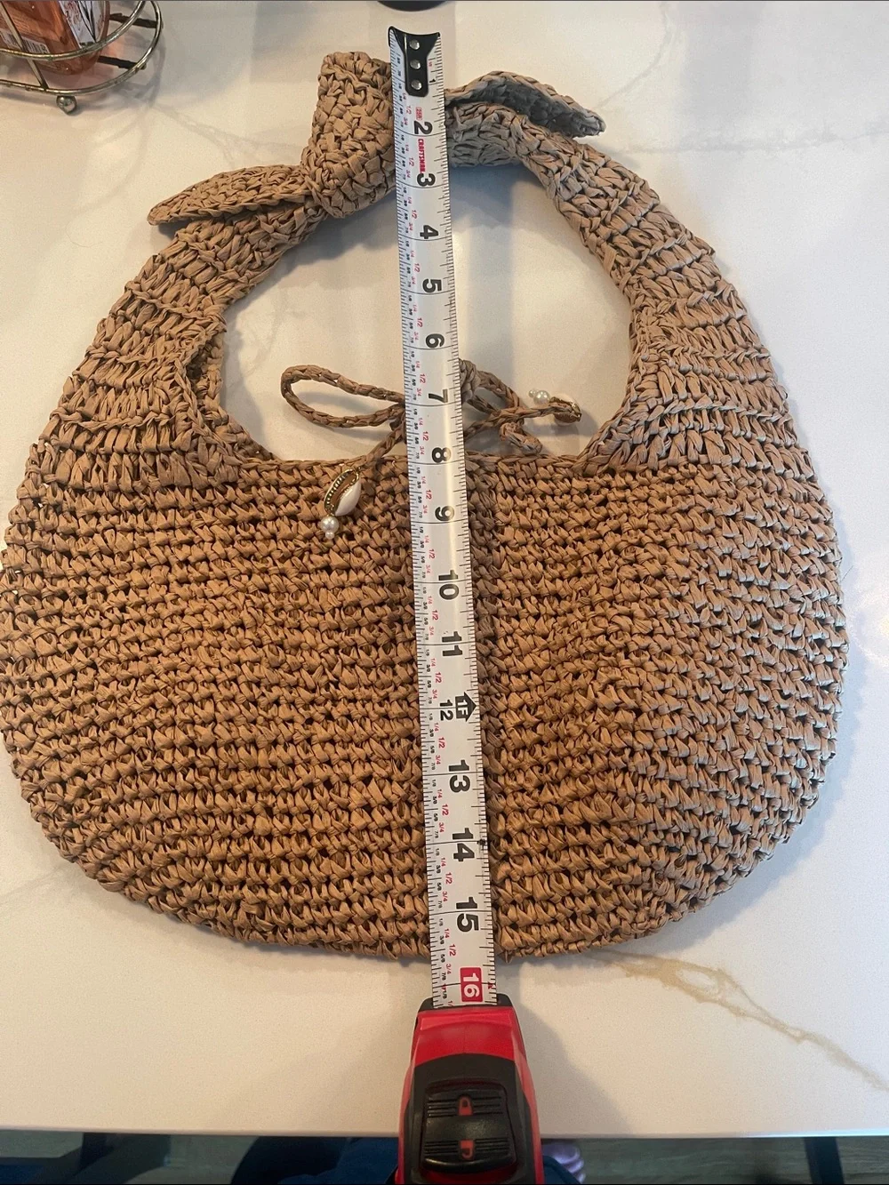 Handwoven Straw Shoulder Bag in Tan with Shell Accents